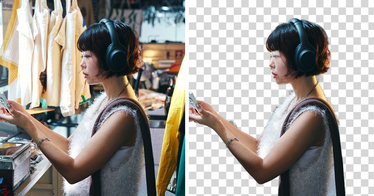 背景透過の作例。左が元の写真、右がこのツールで背景を透明にした結果